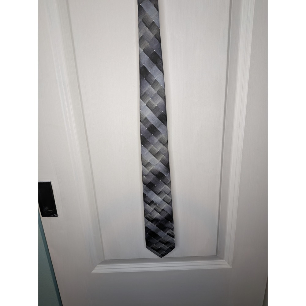 Pierre Cardin Mens Grey Black Geometric Plaid Woven Polyester Necktie RN 20485